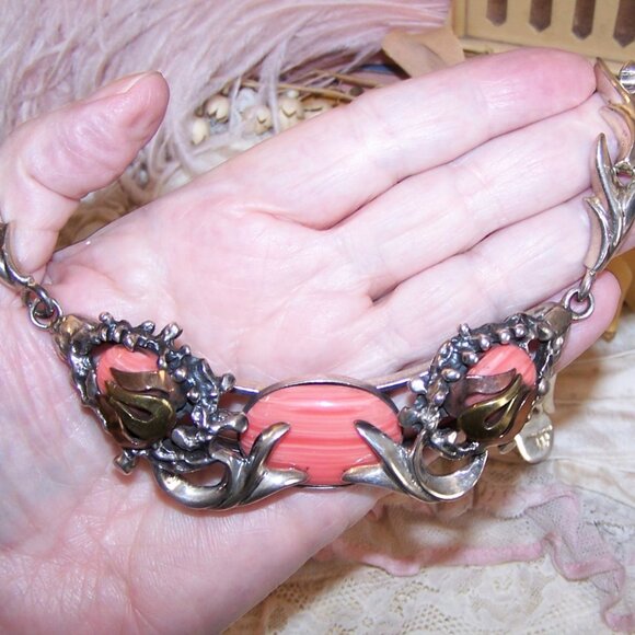 Made in Mexico Mexican 950 Silver and Pink Rhodochrosite Necklace/Clip Earrings - Picture 3 of 13